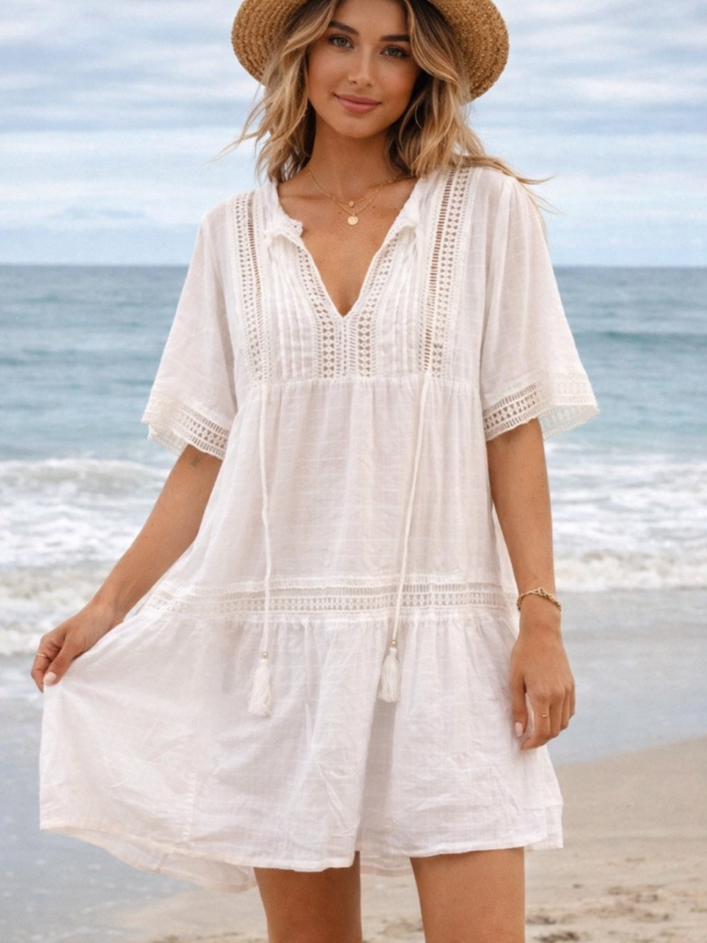 Suzanne Betro White Lacey Boho Beachy Coastal Dress with Attached Slip Sz 3X